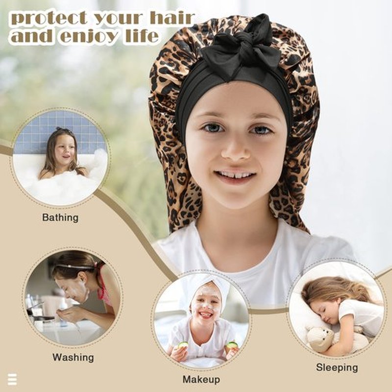 Kids Long Hair Bonnet for Sleeping - Double Layer Girls Elastic Satin Bonnet with Tie Band for Braid Curly Hair (Leopard+Black)
