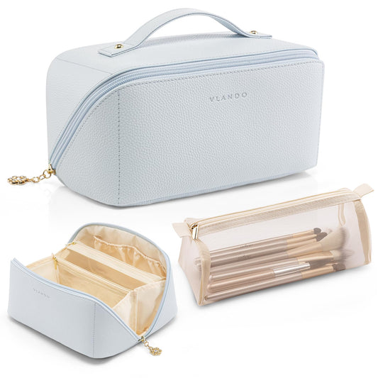 Vlando Makeup Bag,Travel Makeup Bag Waterproof Portable Cosmetic Bag PU Leather Open Flat Make up Organizer for Toiletries,Makeup Brushes Bag Gifts for Teen Girls Women(Baby Blue)