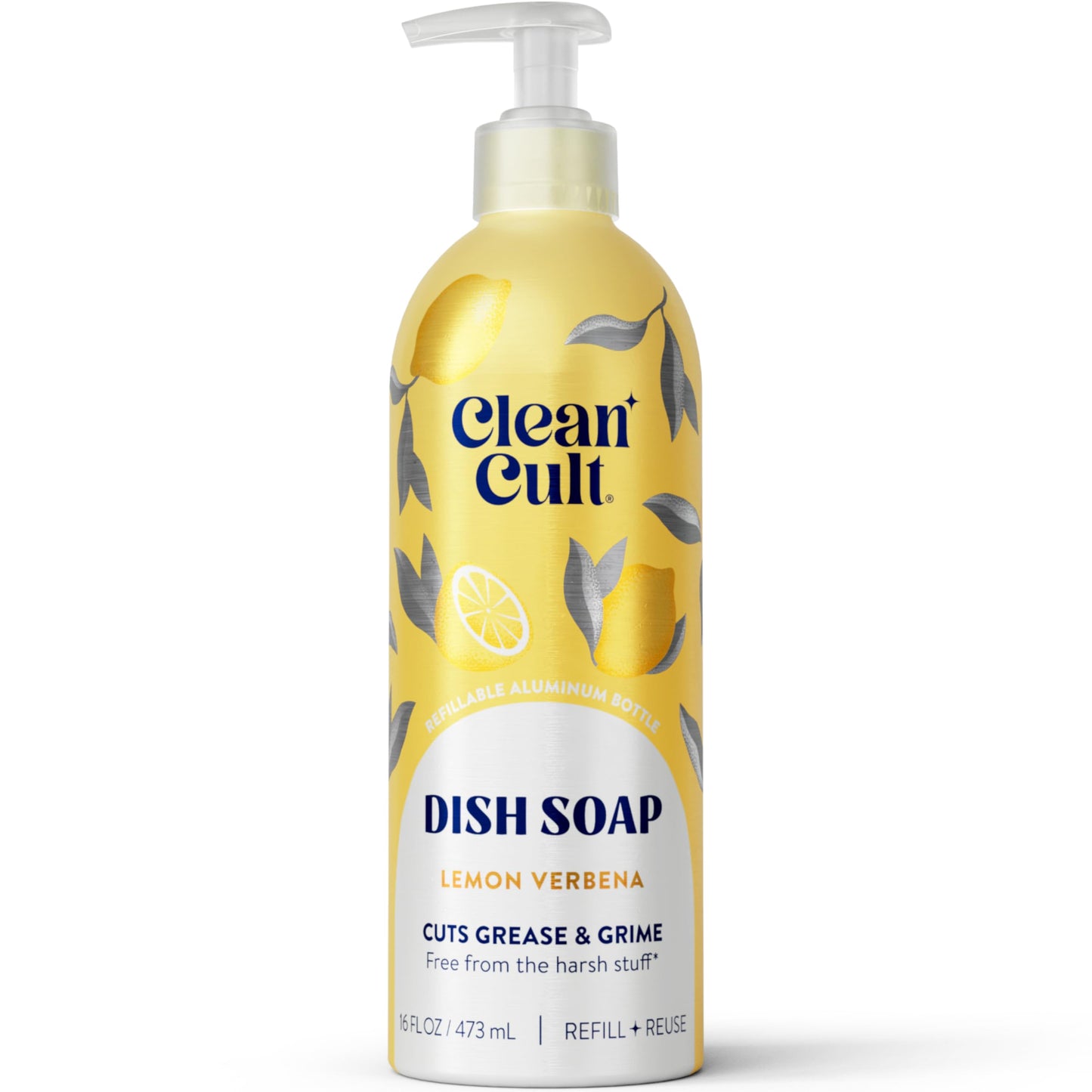 Cleancult - Lemon Verbena - Liquid Dish Soap - Refillable Aluminum Bottle - Dish Soap that Cuts Grease & Grime - 16 oz - 1 Pack