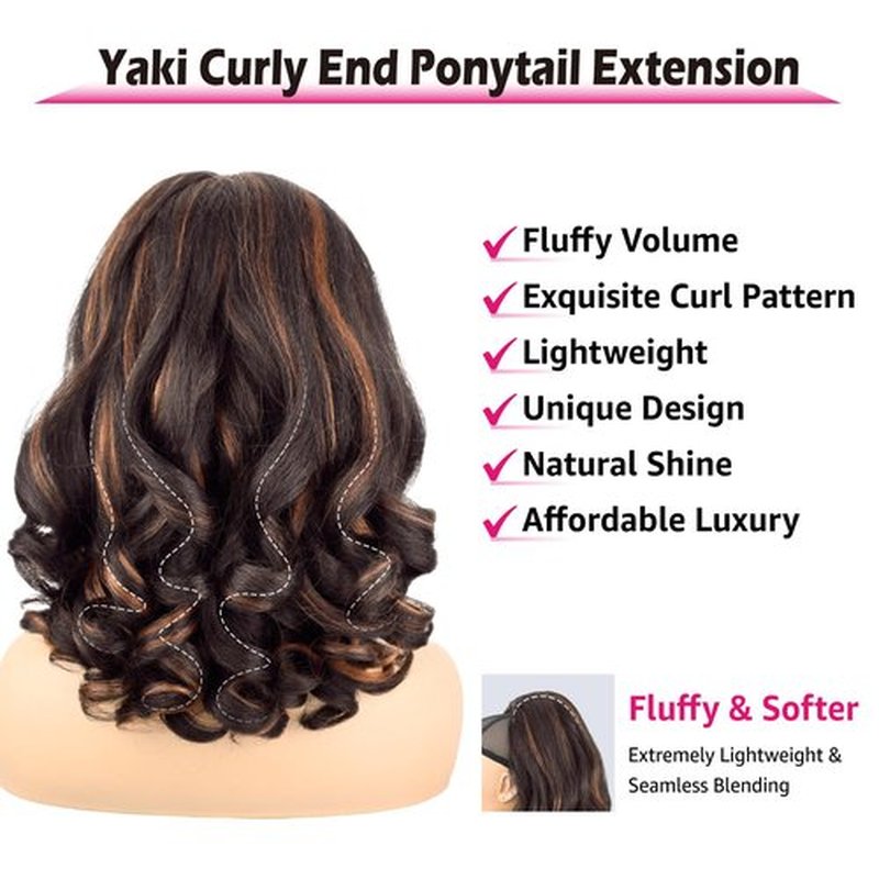 UAmy hair Long Curly Drawstring Ponytail for Women 18inch Dark Brown with Highlights Loose Curly Ends Yaki Straight Drawstring Ponytail Synthetic Curly Yaki Pony Tail Hairpieces for Daily Use(4H30)