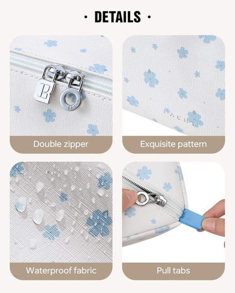 EACHY Travel Makeup Bag,Large Capacity Cosmetic Bags for Women,Waterproof Portable Pouch Open Flat Toiletry Bag Pattern Makeup Bag (C-Blue-Large)