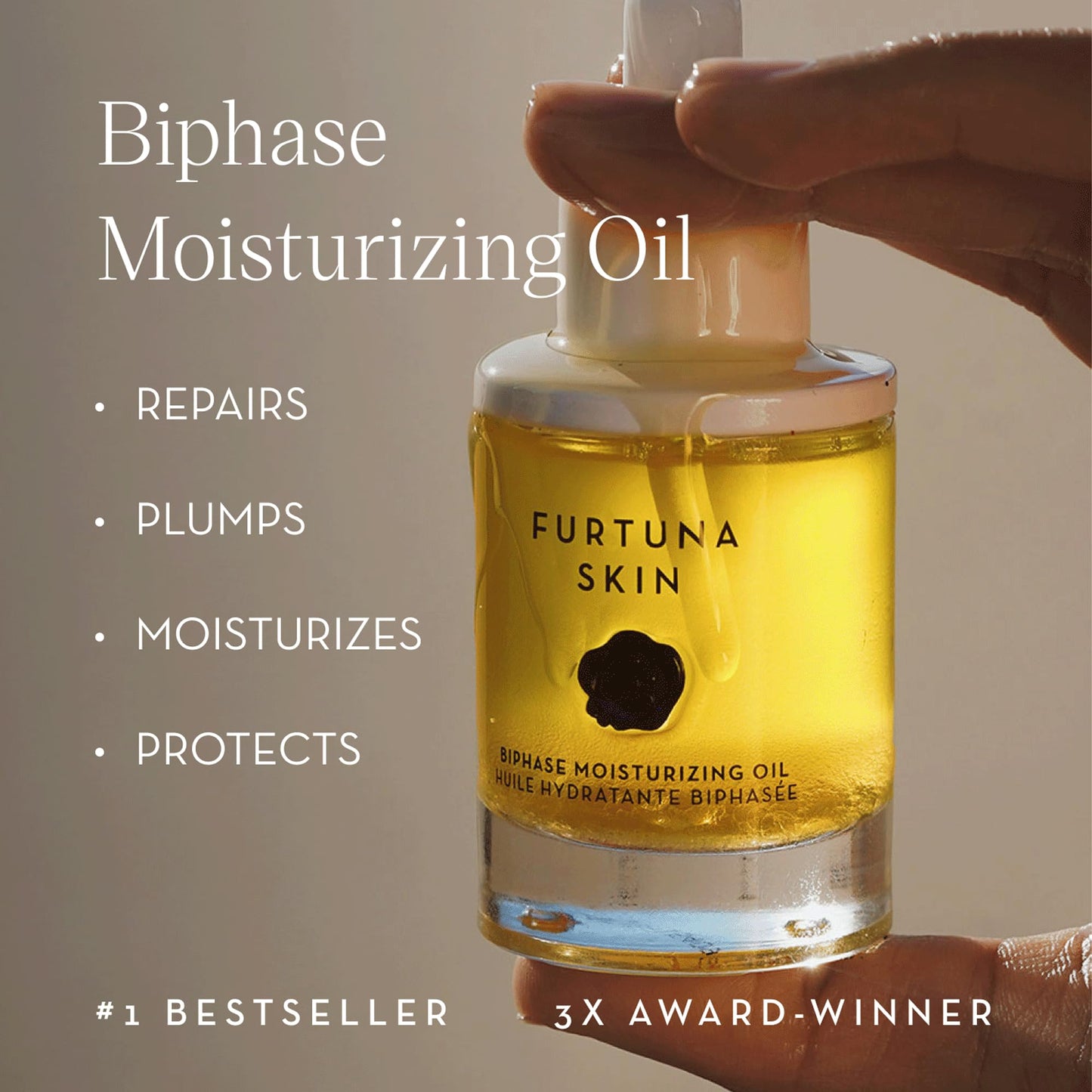 Furtuna Skin Biphase Moisturizing Oil - Hydrating, Plumping & Protecting Face, Neck, and Decollete Oil, Vegan & Cruelty-Free, Organic Olive Oil-Infused