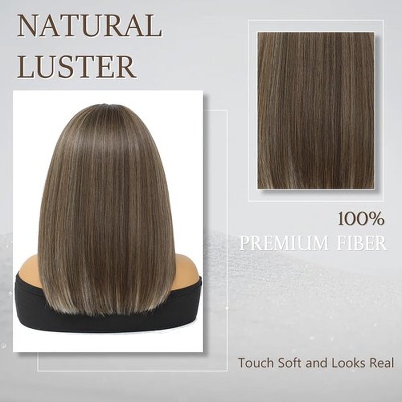 Higlight brown Bob Wigs Glueless Straight Wigs For Women Synthetic Heat Resistant Fiber Hair long bob wig Middle Part Brown Mixed Blonde Bob Wigs medium length wigs for women 16inch(Higlight brown)