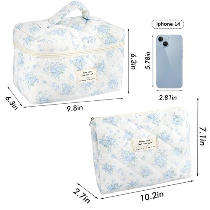 URSKYTOUS 2Pcs Cotton Quilted Makeup Bag for Women Girls Large Small Travel Floral Cosmetic Bags Set Cute Coquette Zipper Makeup Pouch for Purse Aesthetic Cloth Flower Storage Toiletry Bag Organizer