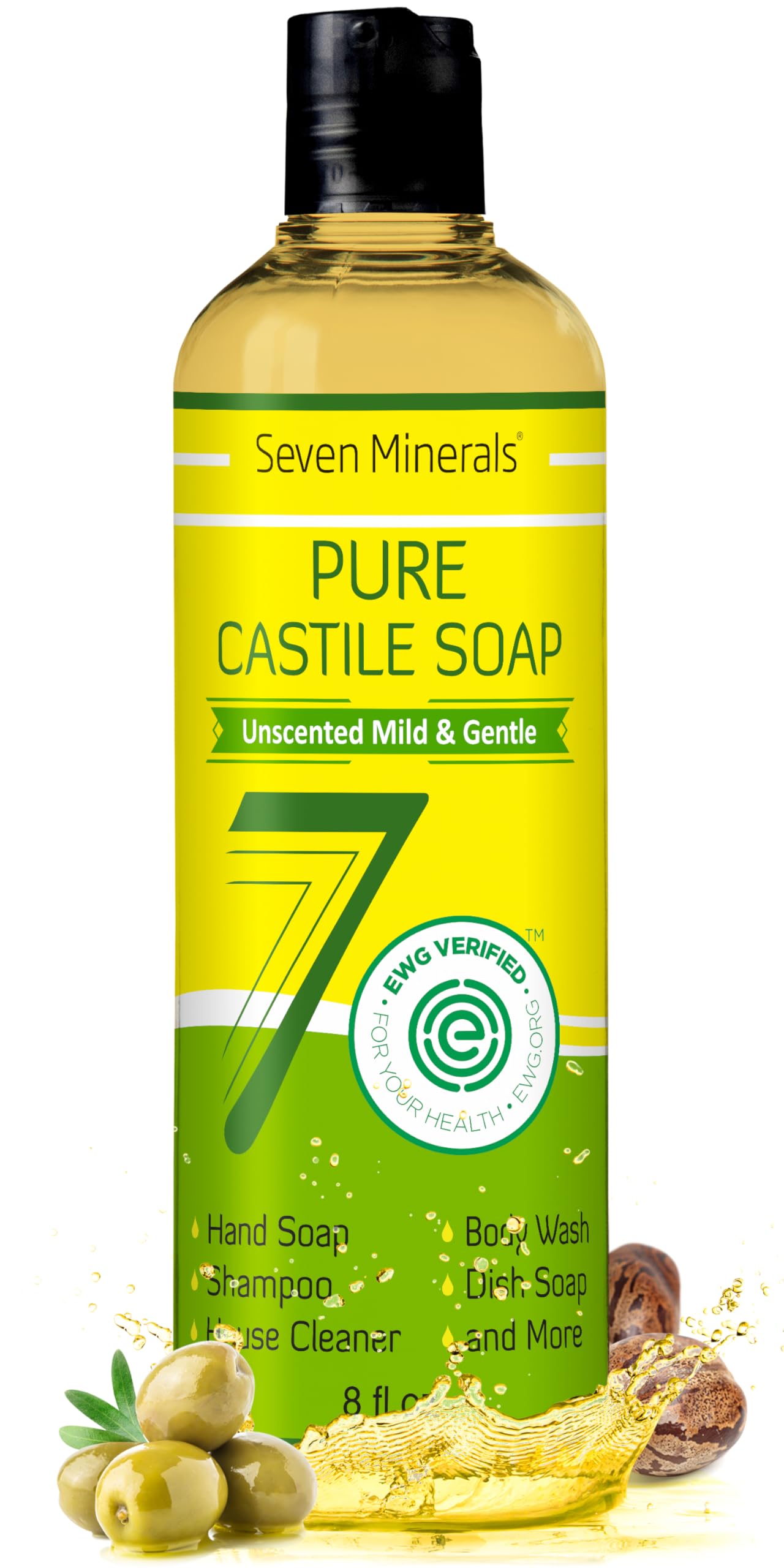 Seven Minerals Pure Castile Soap - No Palm Oil, GMO-Free - Gentle Liquid Soap For Sensitive Skin & Baby Wash - All Natural Vegan Formula with Organic Carrier Oils (8 Fl Oz, An Unscented)