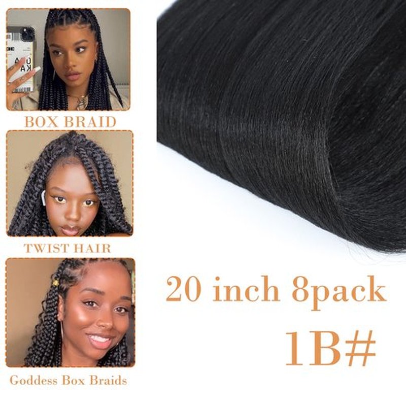 Prestretched Braiding Hair 20 Inch 8 Packs Black Braiding Hair Pre Stretched For Women Knotless Box Braids Hair Extension Yaki Texture Hot Water Setting Variety Styles Braiding Hair