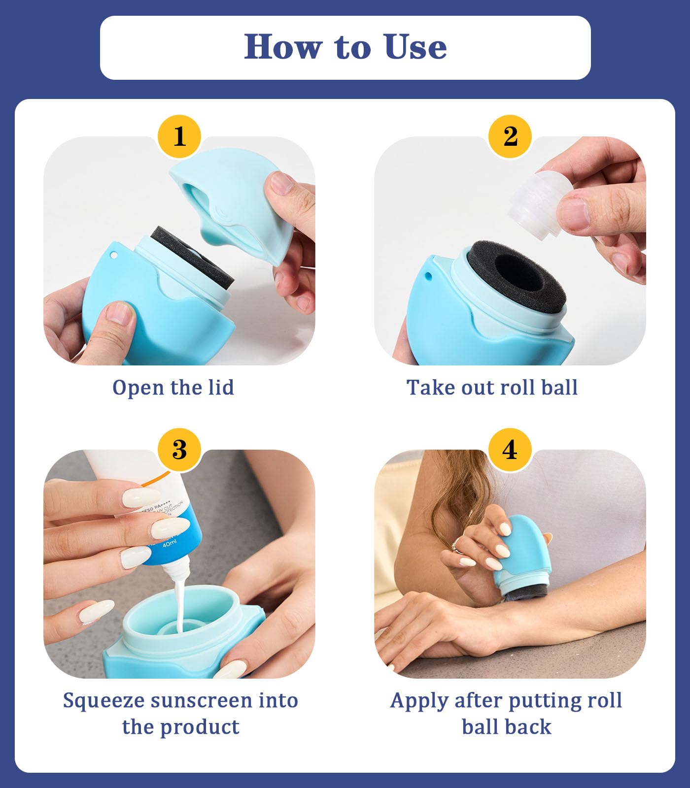 Sunscreen Applicator, Refillable Roll On Sponge Sunscreen Applicator for Kids, BPA-Free Silicone Lotion Applicator for Sunscreen, Body Lotion, Perfect for Travelers Women