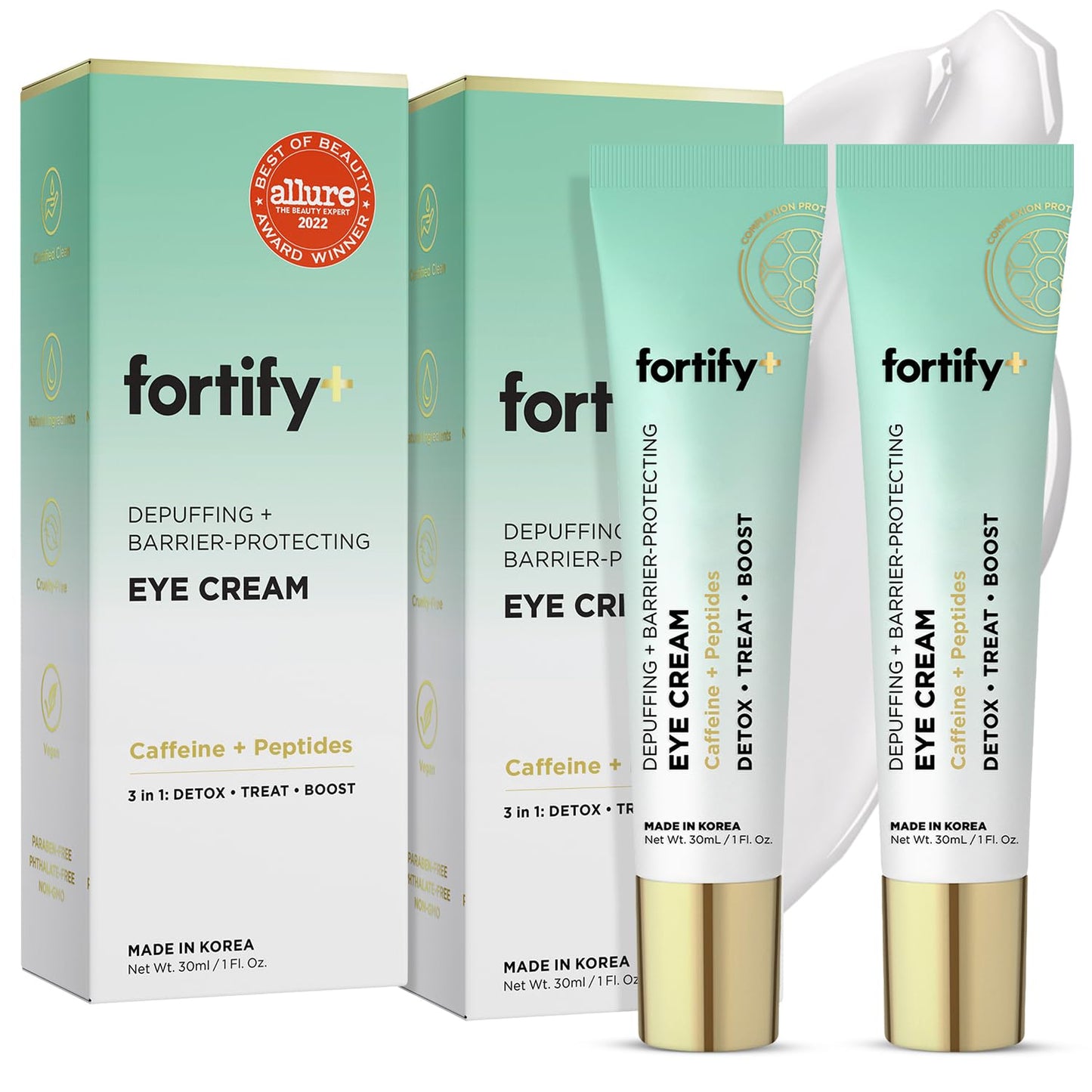 Fortify Skincare Under Eye Cream - Puffy Eyes and Dark Circles Treatment - Peptides, Hyaluronic Acid & Squalane - 3-in-1: Detox, Treat, Boost - Dermatologist Tested - Anti-Aging Korean Skincare - 2 Pk