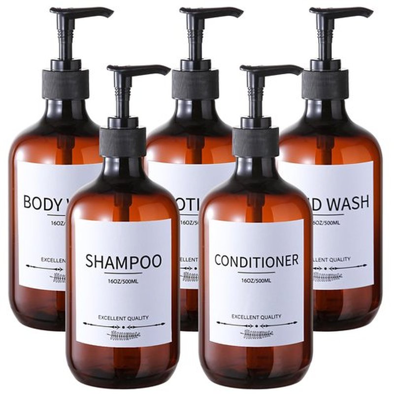 Stylish Shampoo Bottles Refillable with Pump,(5Pack) Amber Shampoo and Conditioner Dispenser,Shampoo Bottles with 8pcs Lables,Shampoo and Conditioner Bottle Set