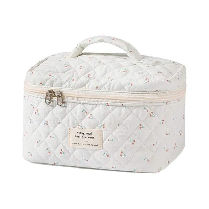 uekeboag Large Travel Quilted Makeup Bag for Women, Floral Cotton Cosmetic Bag, Coquette Aesthetic Floral Toiletry Organizer Bag (White-Cherry)