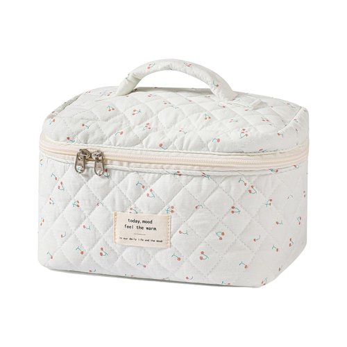 uekeboag Large Travel Quilted Makeup Bag for Women, Floral Cotton Cosmetic Bag, Coquette Aesthetic Floral Toiletry Organizer Bag (White-Cherry)