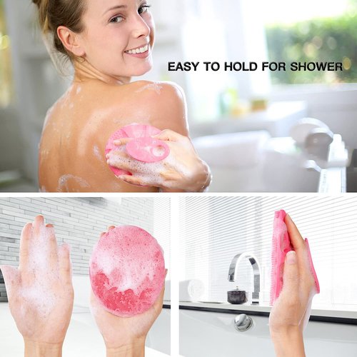 Soft Silicone Body Cleansing Brush Shower Scrubber, Gentle Exfoliating and Massage for All Kinds of Skin (Pink+Dark Green)