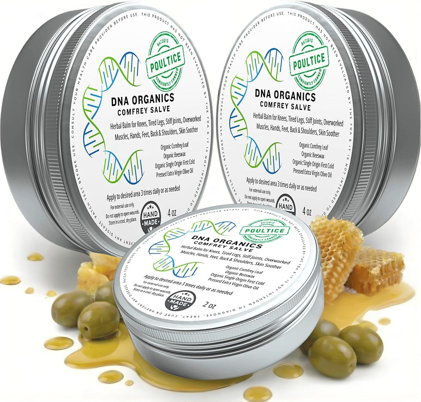 Wild Castle DNA Organics 10 oz Comfrey Salve Bundle. Herbal Balm for Bones, Muscles, Joints, Knees, Skin, Swelling & Tattoo Care. Handcrafted, Slow-Infused. No Chemical Fillers (2 × 4oz + 1 × 2oz)