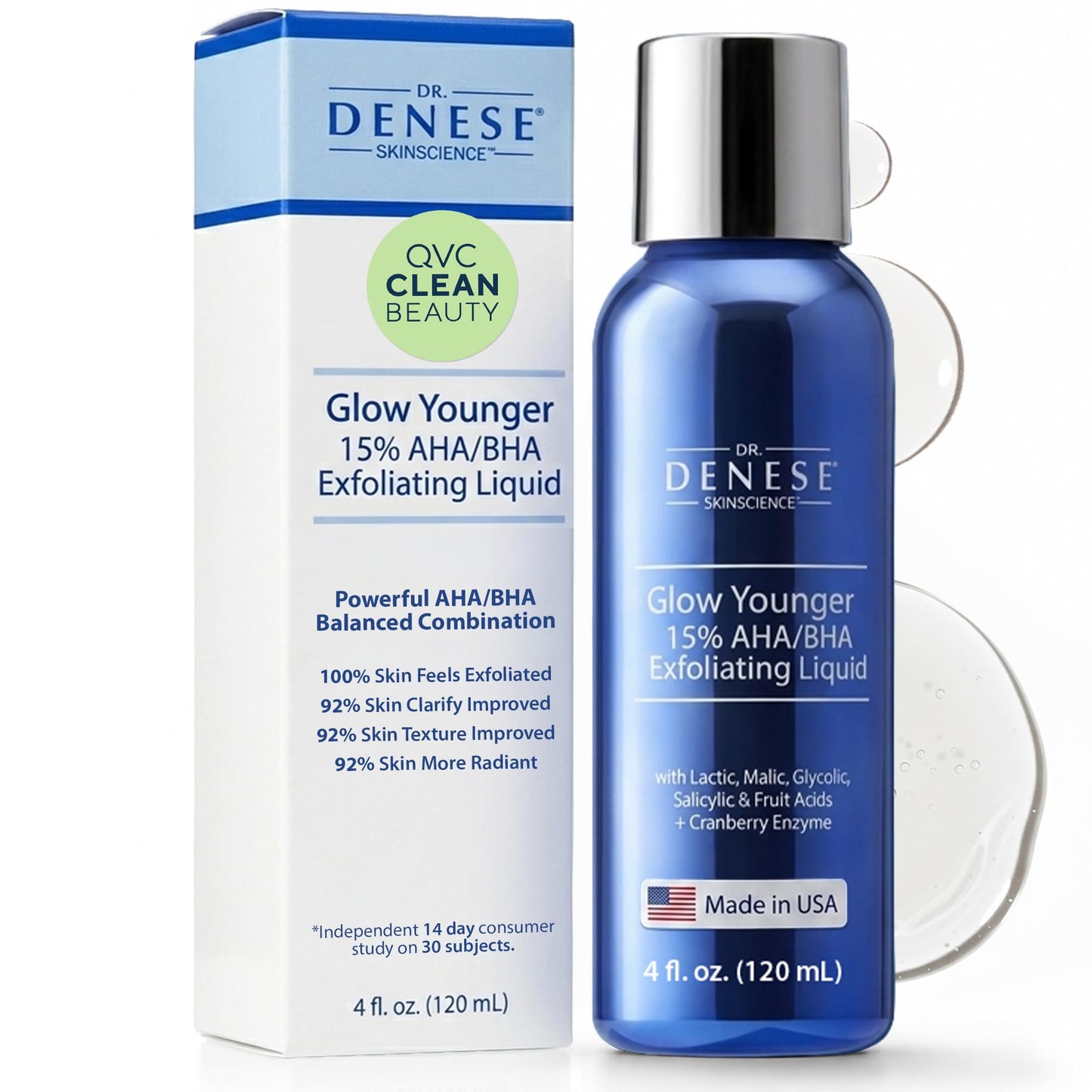 Dr. Denese Glow Younger AHA/BHA 15% Liquid Exfoliator 4 oz – Salicylic, Lactic, Malic, Fruit and Glycolic Acid with Cranberry Enzyme – Pore-Refining and Smoothing Face Exfoliant