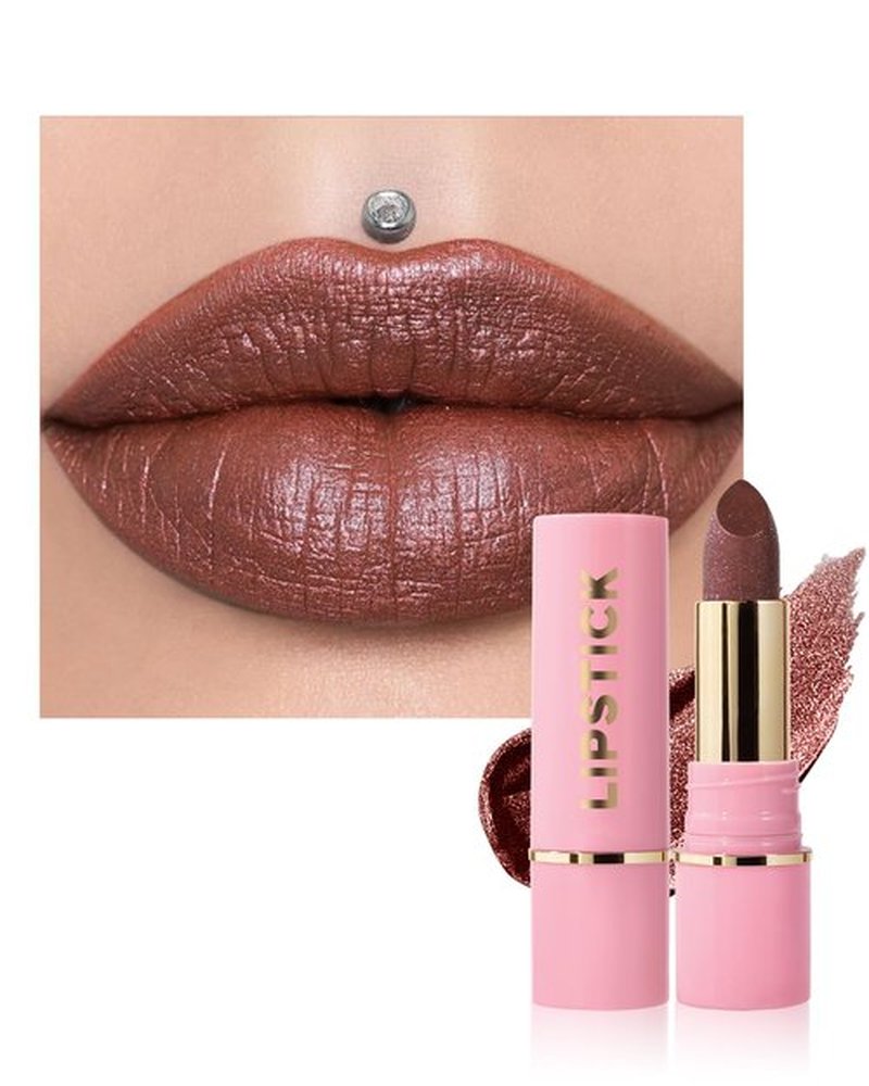 Glitter Metallic Brown Shimmer Lipstick Long Lasting, High Shine Glitter Diamond Creamy Nude Red Lipstick Transfer Proof Non-Stick Lip Gloss Shimmer High Impact Full Coverage Lip Makeup for Women-08