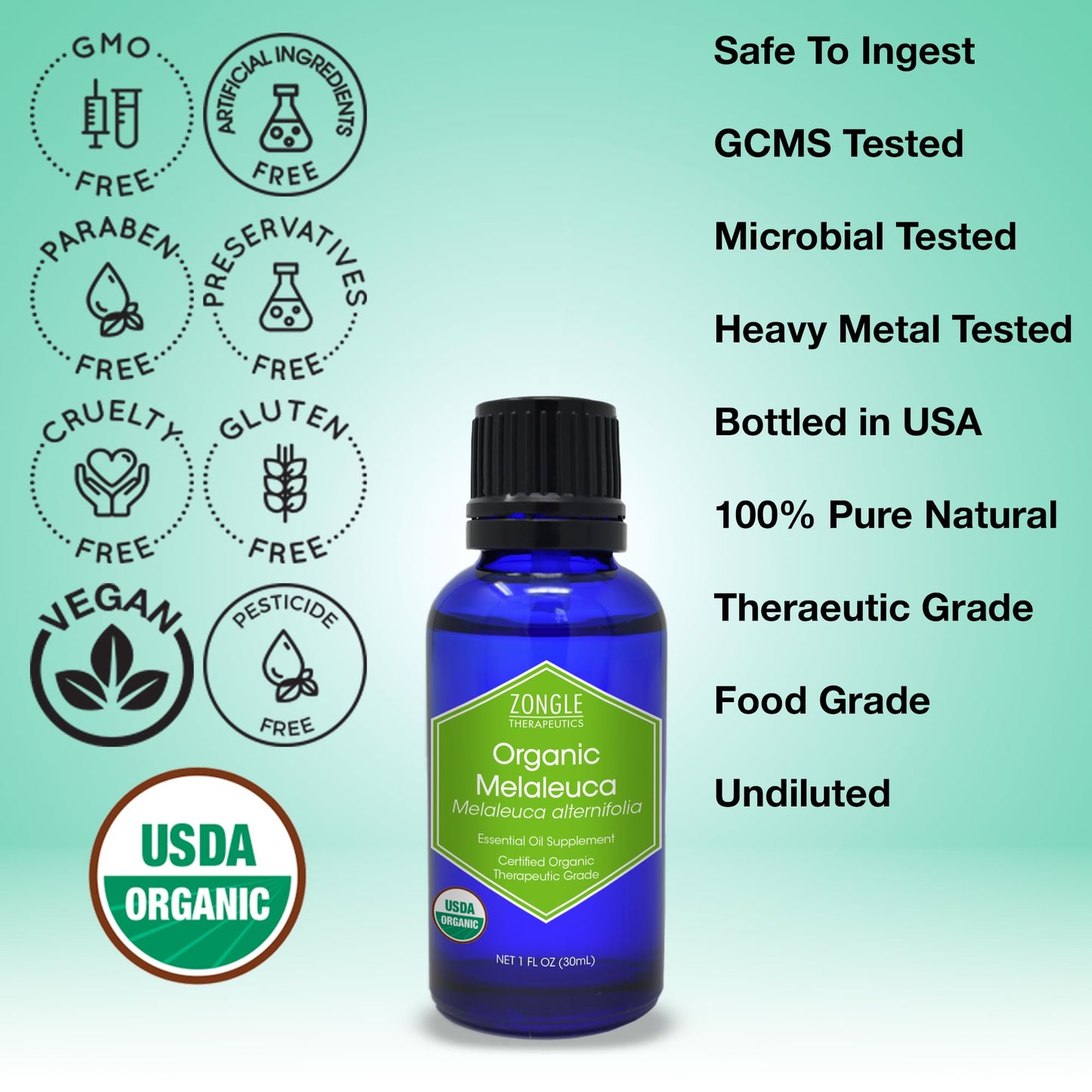 Organic, Tea Tree, Melaleuca, Oil, Food Grade – 100% Pure, Tea Tree Essential Oil, by Zongle Therapeutics, 1 OZ