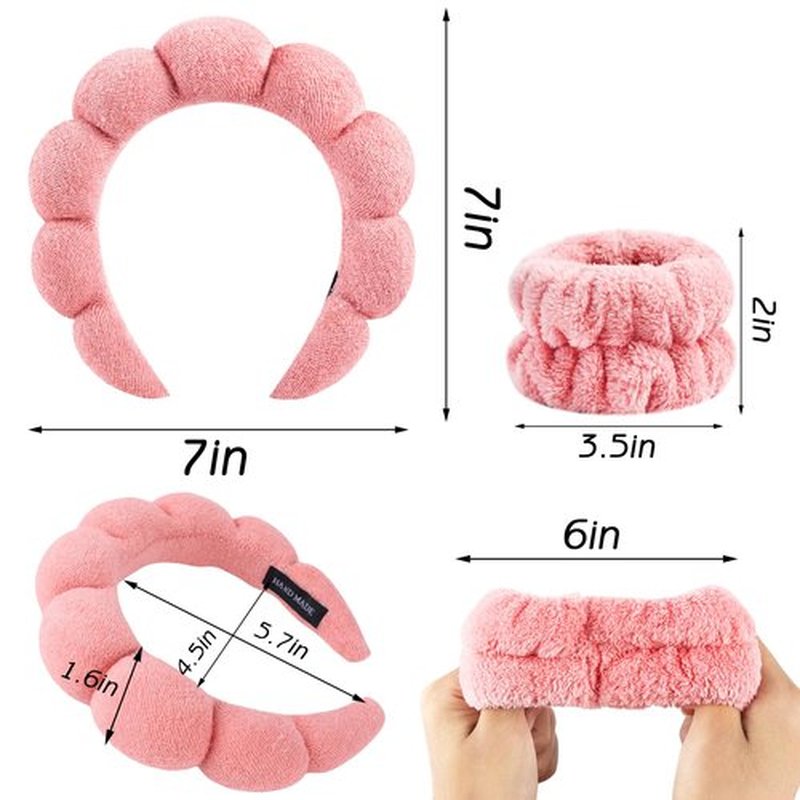 Zkptops Spa Headband for Washing Face Wristband Set Sponge Makeup Skincare Terry Cloth Bubble Soft Get Ready Hairband for Women Girl Puffy Padded Headwear Non Slip Thick Hair Accessory(Coral Pink)