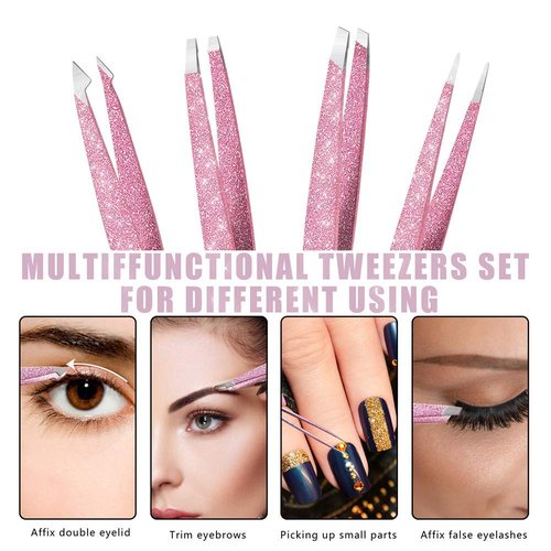 Amytor Eyebrow Tweezer Set, 4 Pcs Professional Stainless Steel Tweezers for Women, Precision Tweezer for Facial Hair, Splinter and Ingrown Hair Removal（Rose Gold）