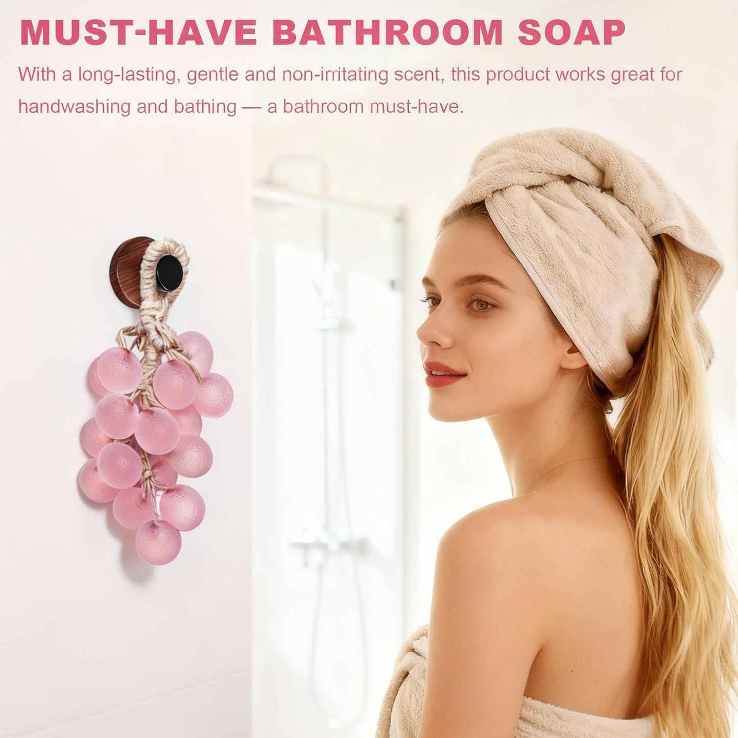 Vipxsa Grape Soap on a Rope, Grape-Shaped Decorative Handmade Soap with Light Fragrance, Enhances Bathroom Decor, Aesthetic Display & Gentle Hand Wash for Holiday & Housewarming Gifts (1, Pink)