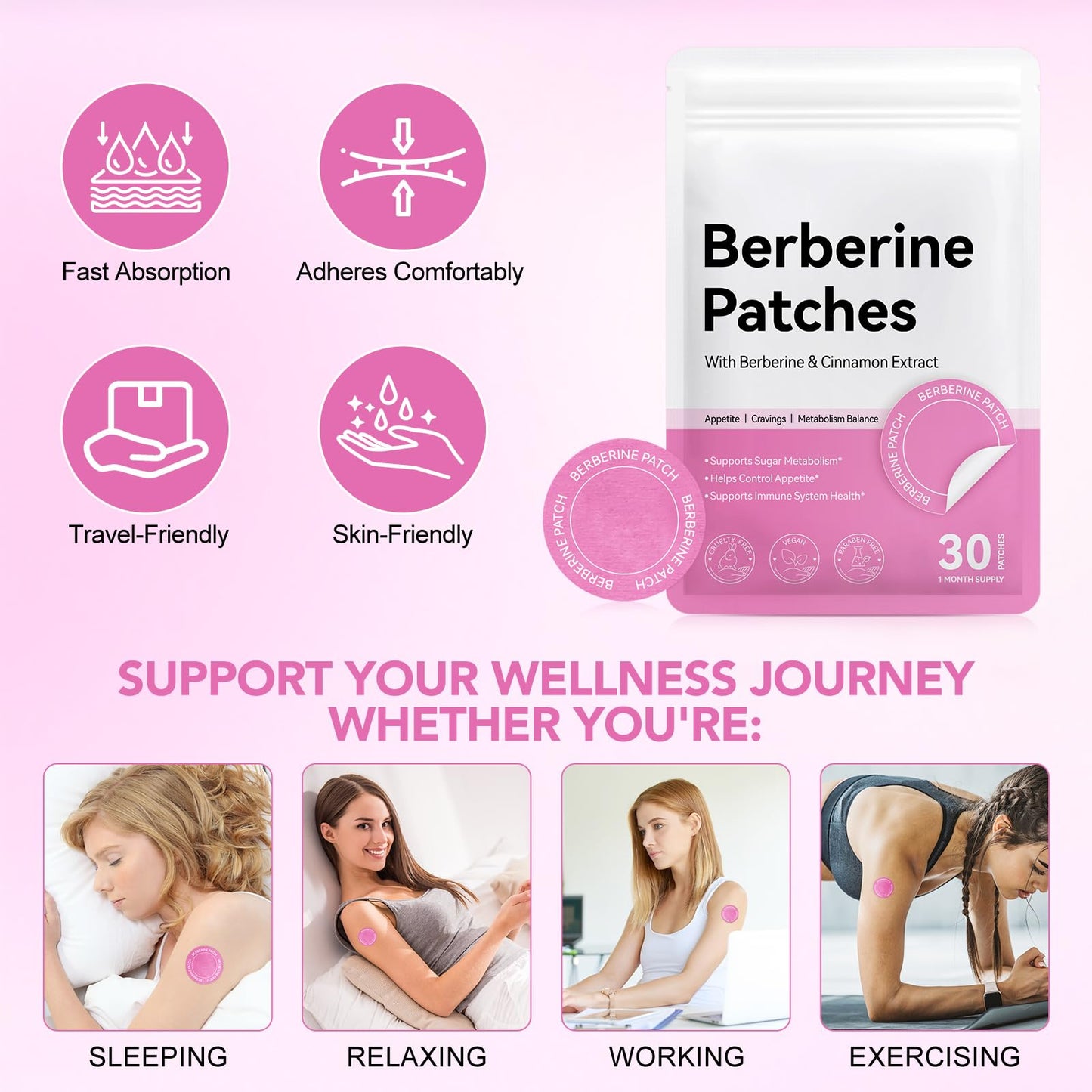 ZBQIEX Berberine Patches – with Berberine, Pomegranate, Cinnamon & Vitamin B Complex, 8 Hours Long-Lasting Formula Support – Transdermal Wellness Patch for Men & Women – 30 Patches (1 Month Supply)