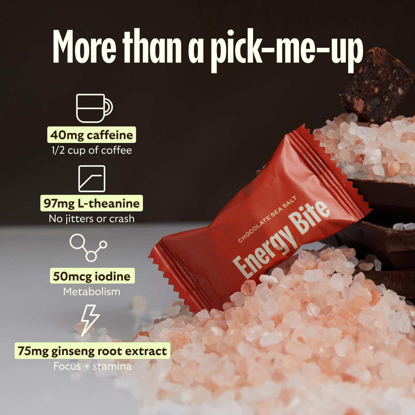 GEM Energy Caffeinated Chocolate Bite, 40mg Caffeine, Ginseng Root, L-Theanine, Holistic Sustained Energy, Supports Metabolism, Stamina & Endurance | Chocolate Cacao Sea Salt | 28 Servings