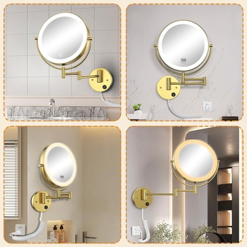 Gospire 9” Wall Mounted Lighted Makeup Vanity Mirror with 3 Color Lights & Stepless Dimming, 1X/10X Magnifying LED Double Sided Bathroom Touch Sensor Extendable Arm 360° Swivel Shaving Gold Mirror
