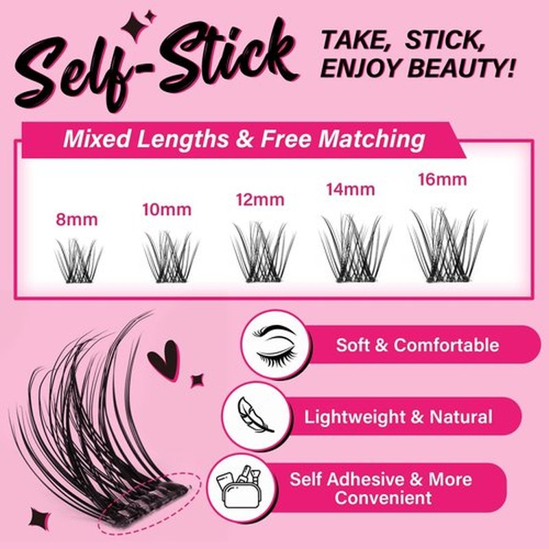 Self Adhesive Eyelashes 40Pcs Lash Clusters Press On Self Stick Lashes Reusable Self-adhesive Eyelash Clusters No Glue No Remover 1 Step Lashes Pre Glued Cluster Lashes Easy to Use(Jasmine,D-8-16mix）