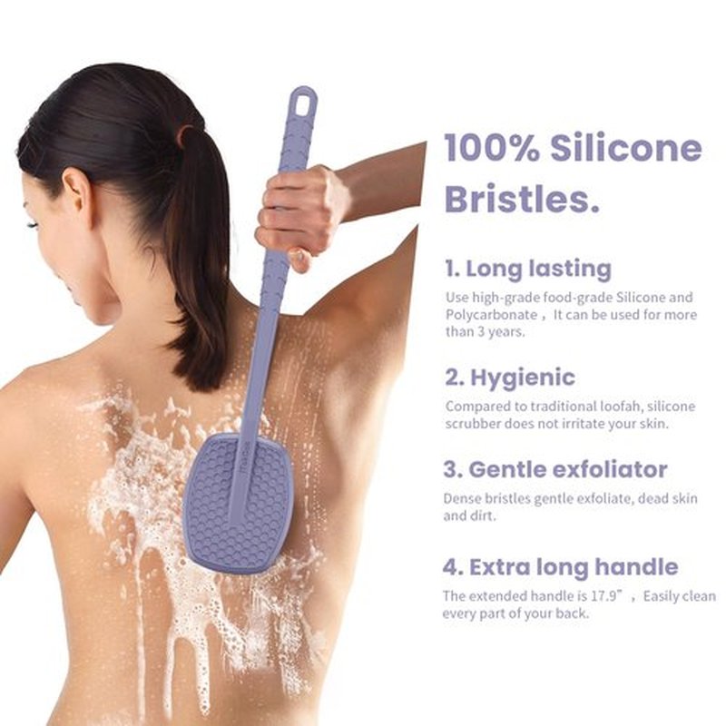 iTokGoK® All New Premium Silicone Back Scrubber with Tire Anti-Slip Long Handle for Shower, Gentle Exfoliating and Massage Brush Scrubber for Sensitive Skin for Men and Women (Lavender)
