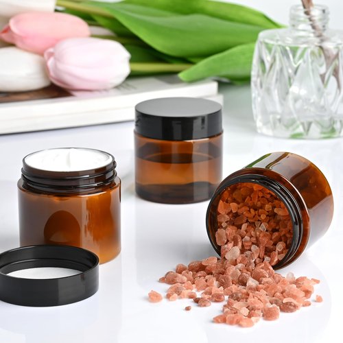 TUZAZO 2 Oz Amber Plastic Cosmetic Jars Leak Proof Small Container with lids for Cream, Lotion, Powder, Ointments, Beauty Products, 12 Pcs