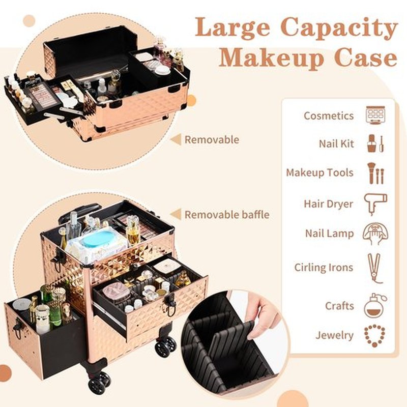 Imseigo 2-In-1 Makeup Train Case Large Storage, Detachable Universal Wheels, Portable Aluminum Cosmetic Trolley, Makeup Travel Case with Diamond Pattern Makeup Artists, Manicurists (Champagne Gold)