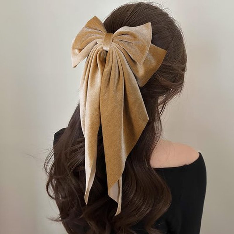 2pc Velvet Khaki Ribbon Hair Bows with Long Tail For Women Girls Oversized Bow-Knot French Hair Barrette Clips Clamp Fall Winter Early Spring Ponytail Holder Decorative Accessories