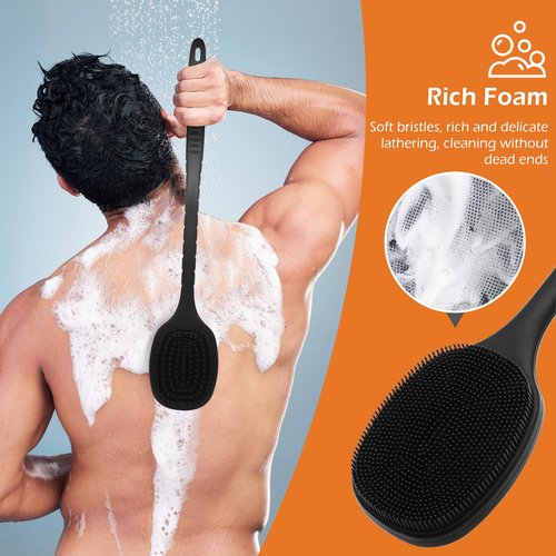 VWMYQ Silicone Back Scrubber for Shower, Bath Body Brush with Long Handle, Double Sided Shower Brush for Shower Exfoliating and Massage Can Produce Rich Foam, Long Handle Back Scrubber for Men