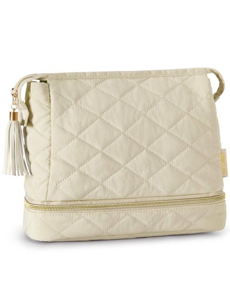 BAGSMART Makeup Bag Travel Cosmetic Bag,Puffy Make Up Bags for Women Double Layer Makeup Organizer Case,Wide-open Puffer Pouch for Purse Storage Travel Essentials Toiletries Accessories Brushes, Beige