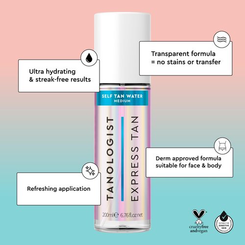 Tanologist Express Self Tan Water - Self Tanner for Face & Body, Medium - Bronzing Mist - Hydrating Tanning Mist, Natural Ingredients & Vegan - 6.78 Fl Oz