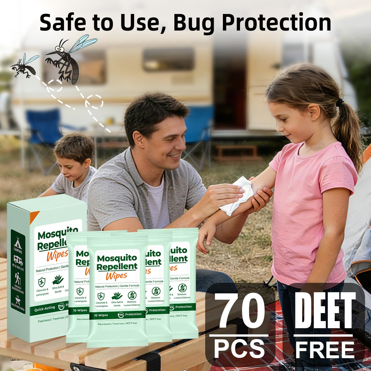 70 Count Natural Mosquito Repellent Wipes, Portable Travel-Size Insect Bug Repellent Wipes in Resealable Pouches, 10 Wipes per Pack, for Camping, Hiking, Travel, Patio Outdoor Protection