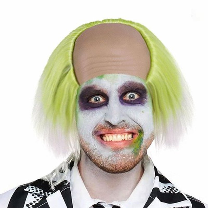 GNIMEGIL Short Green Roots Ombre White Wig Fluffy Straight Clown Bald Headpiece Movie Cosplay Wigs Halloween Costume Wigs for Men Ghostly Vibes or Mad Scientist Genius