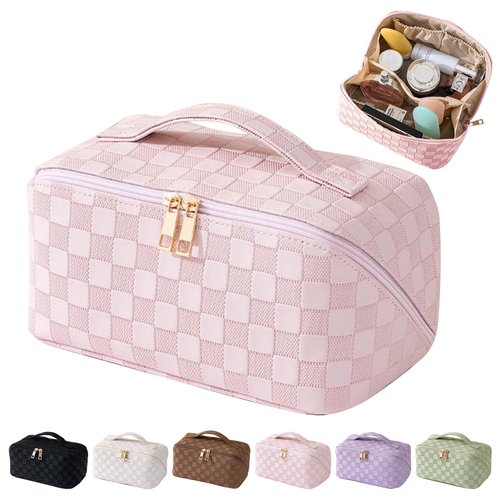 MINGRI Large Capacity Travel Cosmetic Bag for Women,Portable PU Leather Checkered Makeup Bag Water Resistant,Flat Open Multifunctional Storage Toiletry Bag with Divider and Handle (Pink)