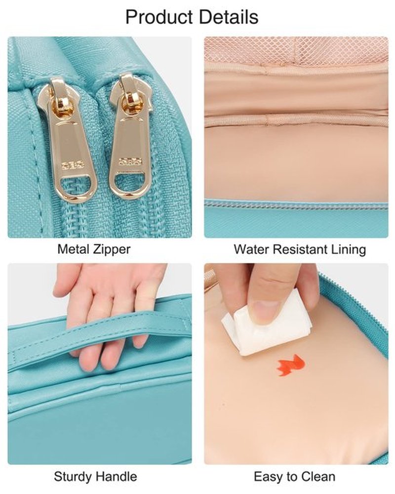 Relavel Small Makeup Bag, Travel Makeup Organizer, 2 layers Cosmetic Bag with Makeup Brush Holder, Compact Makeup Pouch for Women, Waterproof Toiletry Bag for Daily use(Light Blue)
