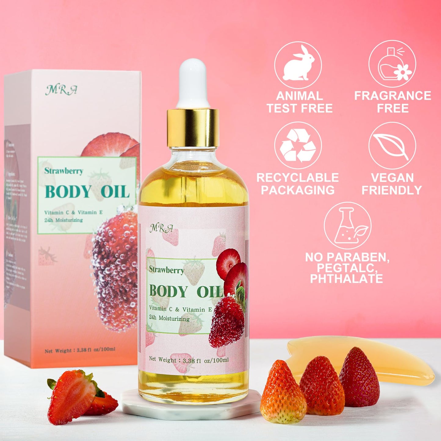 MR.A 2 Pack Strawberry Body Oil Juice Scented, Vitamin E Body Oil after Shower, Strawberry Shortcake Body Moisturizer Bath Oil for Dry Skin, Guasha Oil with Guasha Tool