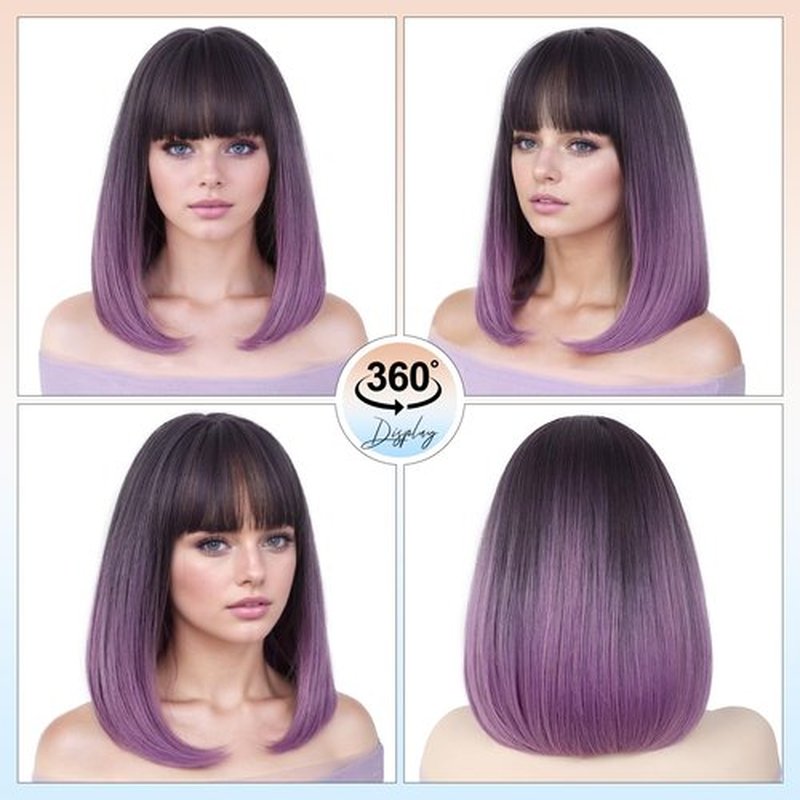 HANNE Purple Wig with Bangs Omber Purple Bob Wigs 14 Inch Straight bob wig Heat Resistant Synthetic Colored wigs for Women