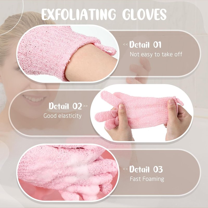 Exfoliating Shower Gloves - 104 Pcs Body Scrubber Set for Men & Women | Pink with Hanging Loop