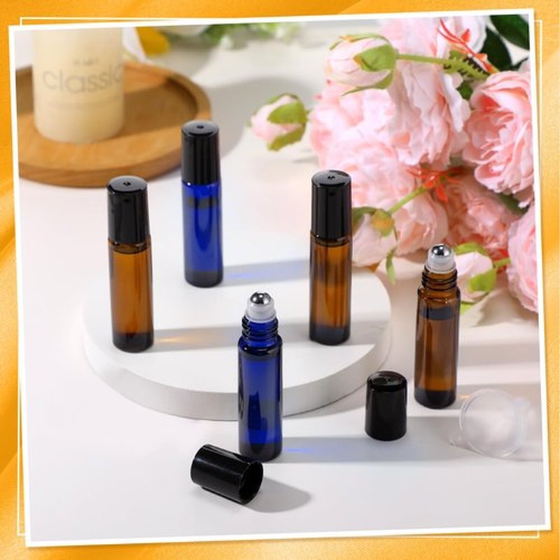 SEEWEY 96 Pcs Essential Oil Roller Bottles 10ml Empty Glass Roller Bottles with Stainless Steel Roller Balls Protection Leakproof with 5 Funnel for Travel Perfume Lip Gloss (Amber, Blue)