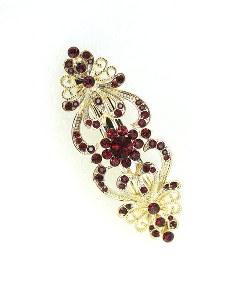 Faship Gorgeous Burgundy Rhinestone Crystal Hearts And Floral Hair Barrette