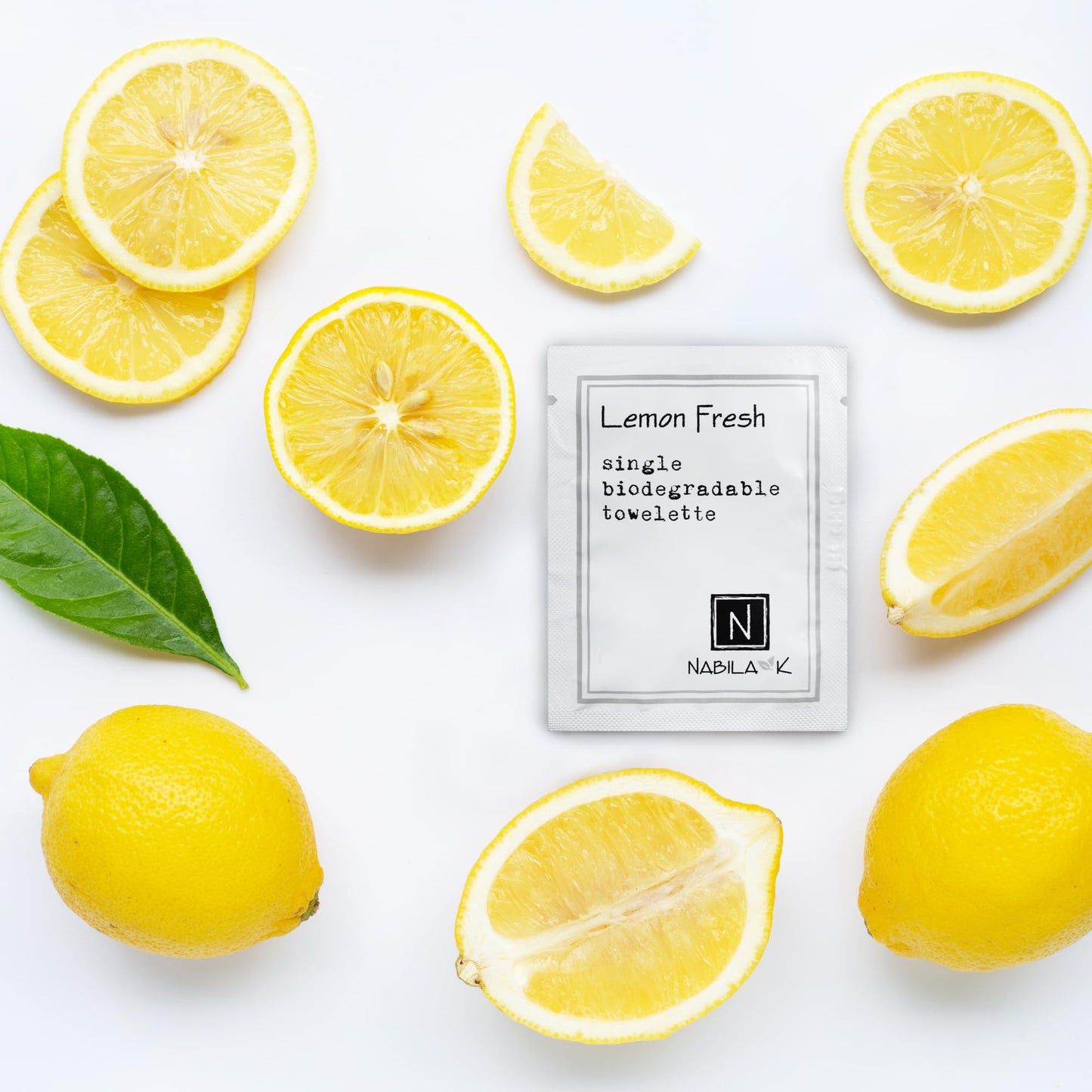 Nabila K Lemon Fresh Moist Towelettes - 20 Individually Wrapped Single-Use Wipes with Bamboo Gift Case - Alcohol-Free, Plant-Based, Biodegradable - Travel, Guest Bathroom, Spa, Events
