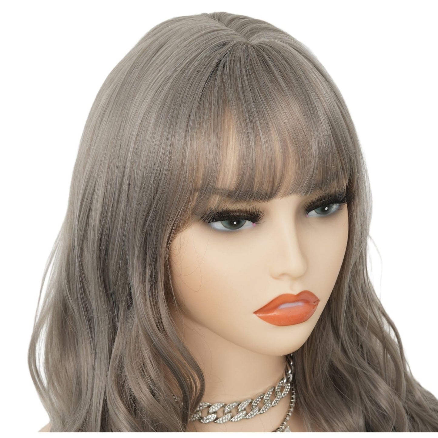 Salaibs Grey Long Curly Wavy Wigs for Women with Bangs Natural Wave Dark Gray Hair Wig Synthetic Heat Resistant Halloween Daily Wig