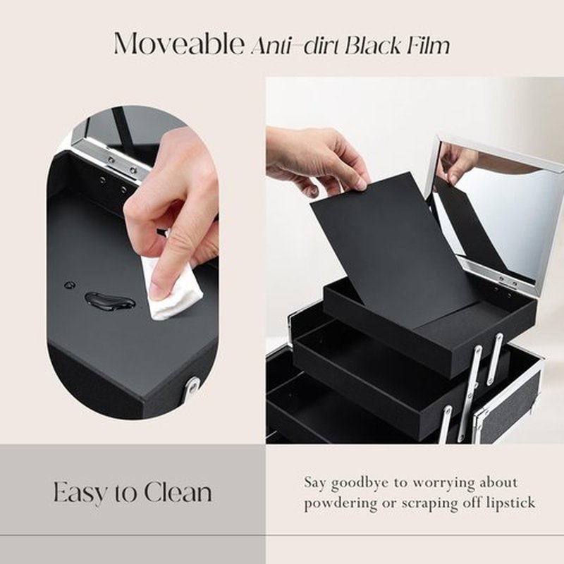FRENESSA Makeup Train Case 11.8 Inch Extra Large Makeup Organizer Case 3 Trays with Mirror Cosmetic Travel Storage Box for Makeup Artist Nail Tech Craft Supplies Case Black