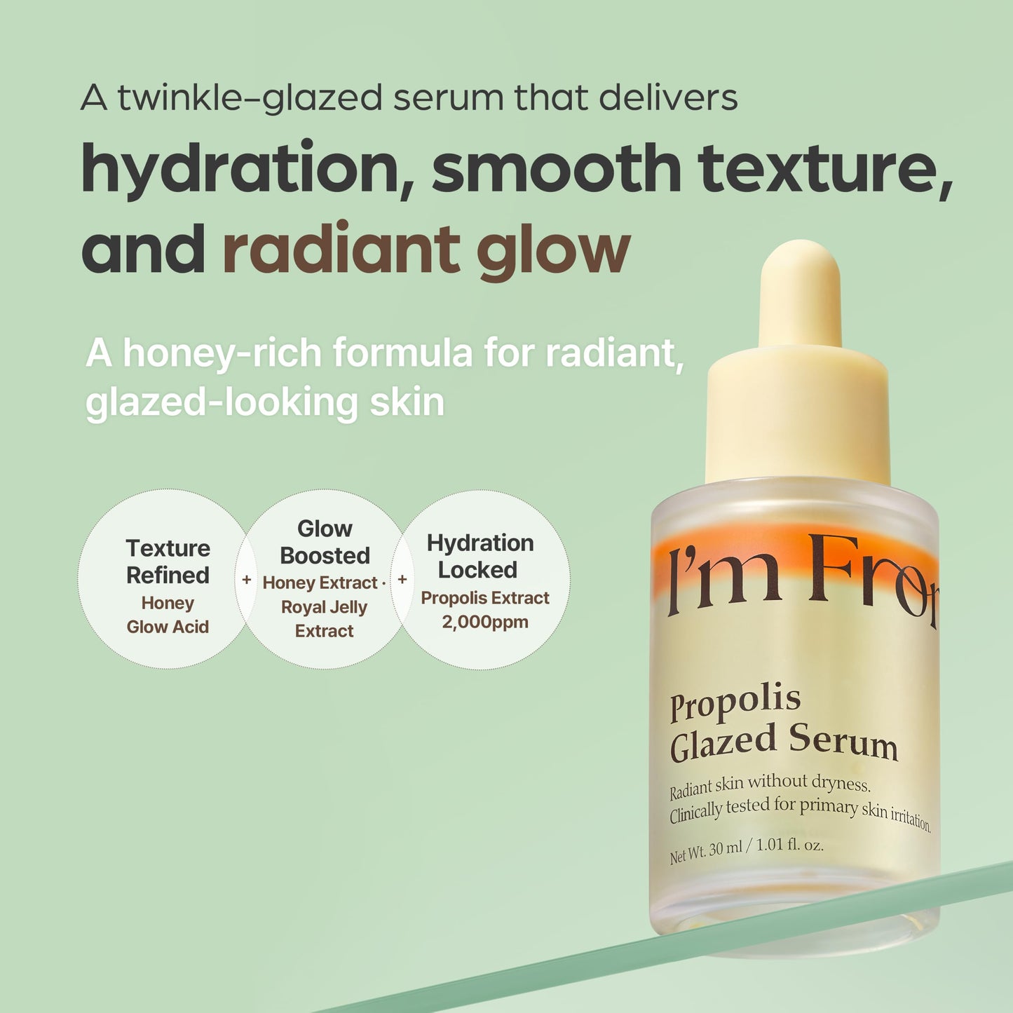 I'm From Propolis Glazed Serum, Honey-Based Glow Serum for Glass Skin, Hydration & Skin Barrier Care, Lightweight Dual-Layer Formula, Niacinamide, Korean Skin Care 1.01fl.oz