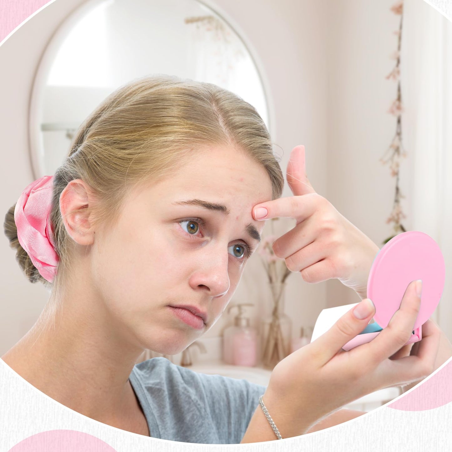 Norme 48 Pcs Mini Pink Compact Folding Mirror and Scrunchies Set for Women 24 Small Travel Round Pocket Makeup Mirror 24 Satin Hair Scrunchie for Graduation Party Favor Coworker Nurse Gift(Pink)