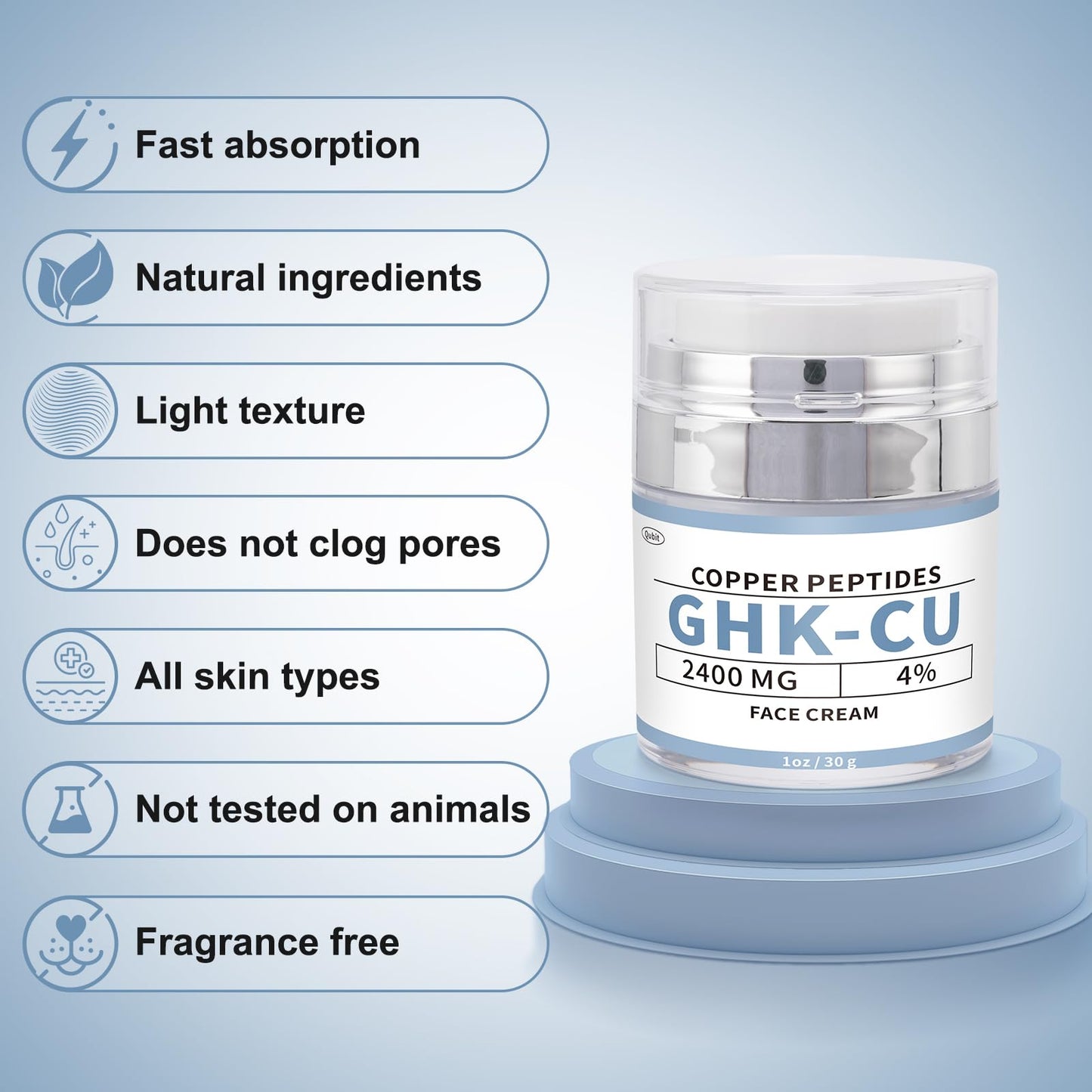 QUBIT GHK-Cu Copper Peptide Face Cream – 4% Peptides Moisturizer for Fine Lines, Wrinkles, Firming, Deep Hydration & Collagen – 2400mg GHK-Cu – for All Skin Types, 30g