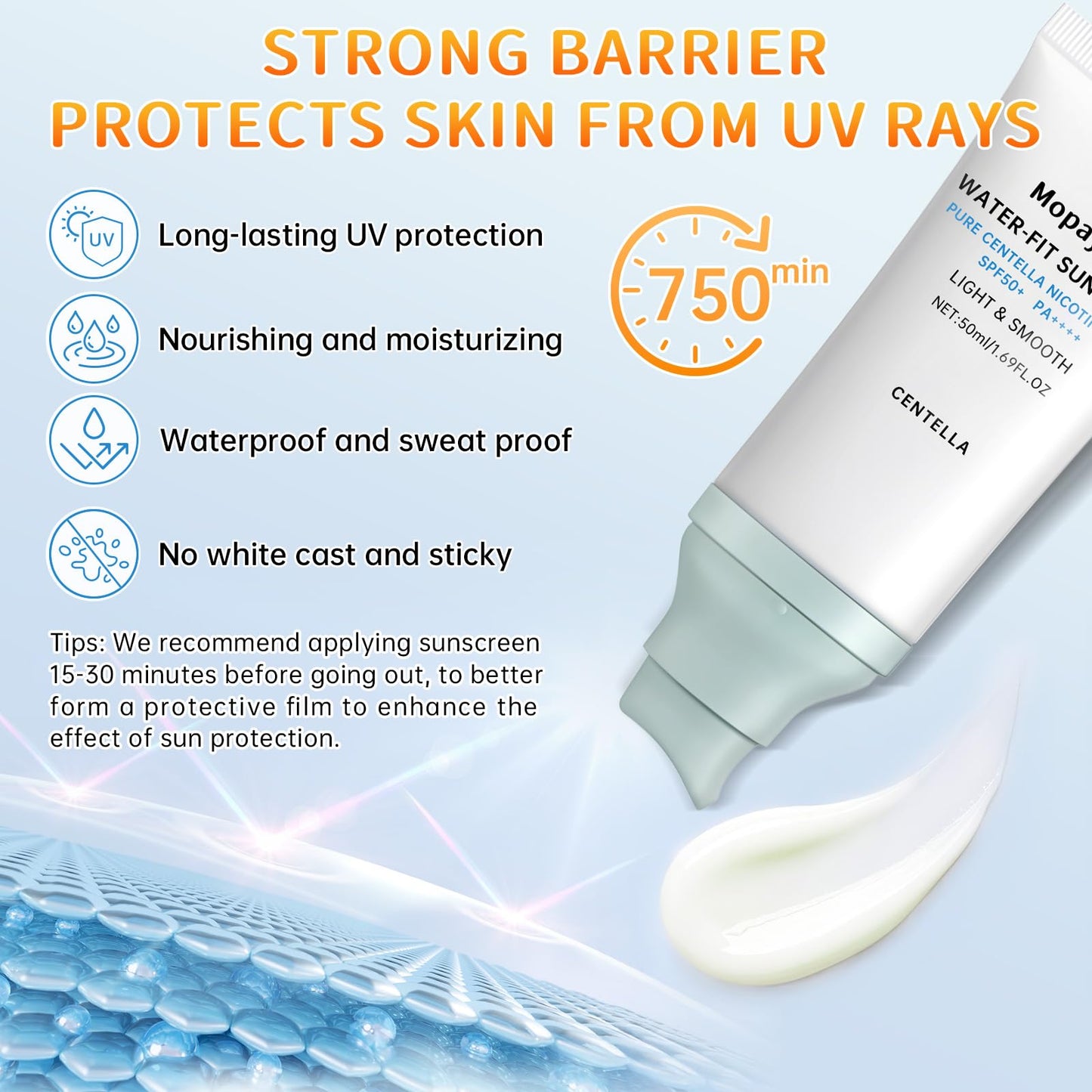 Centella Sunscreen SPF 50, Sunscreen for Face, Water Resistant Strong UV Protection No White Cast, Centella Madagascar Face Suntan Lotion Oil Free Korean Skincare(Green 1)